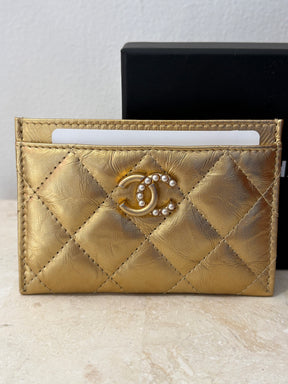 Chanel Gold Leather Quilted Card Holder