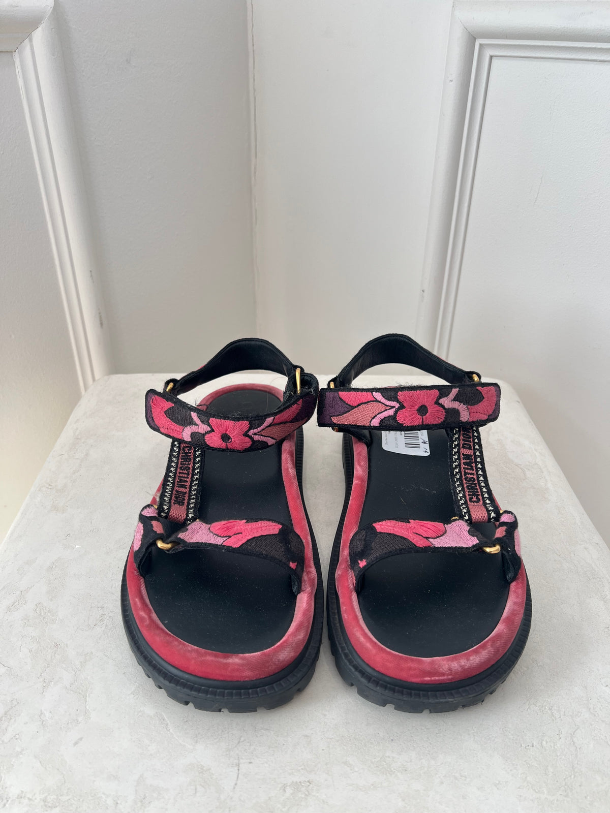 Dior Pink Velvet Floral Embroidered D-Wave Sandals, 37