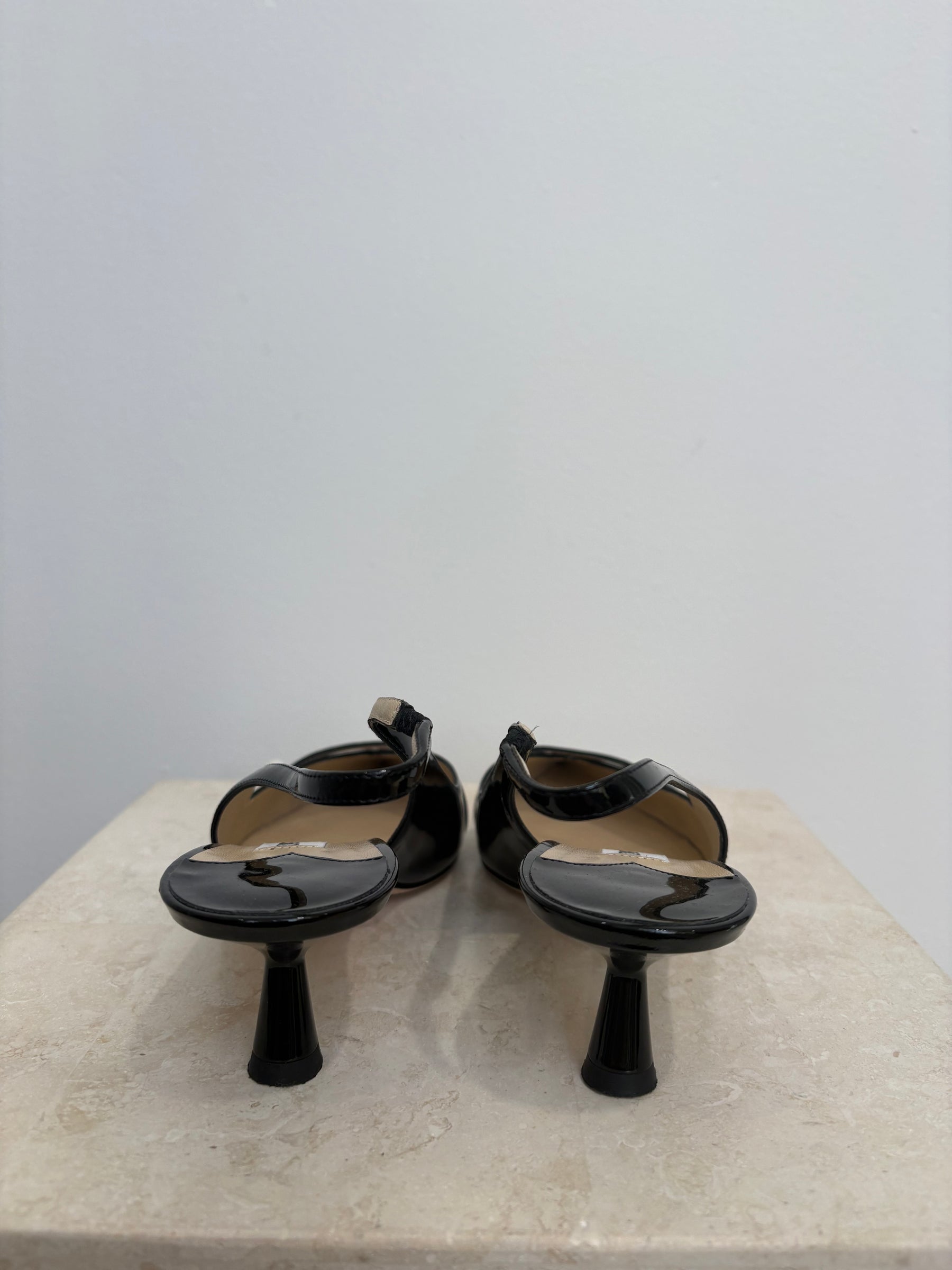 Jimmy Choo Black Patent Sling Backs, 39