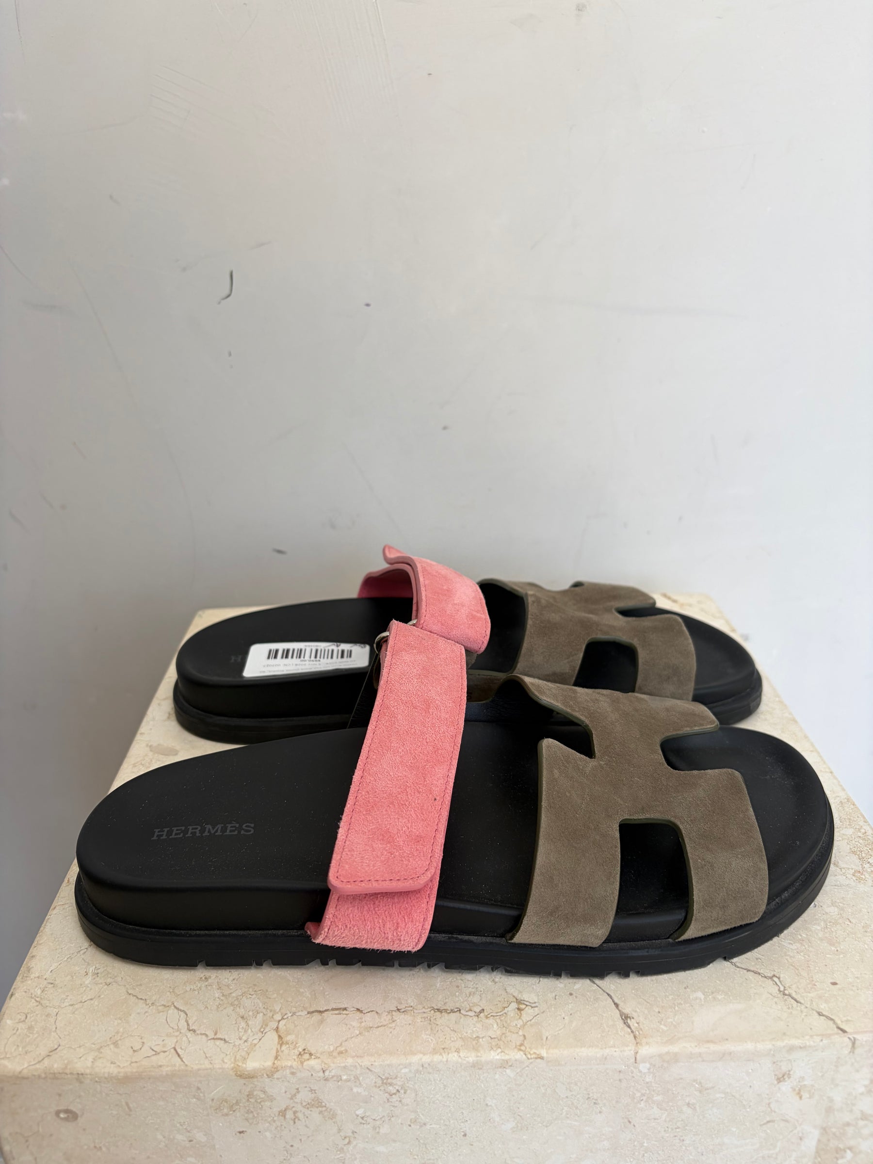 Hermès Khaki and Pink Suede Chypre Sandals, 40