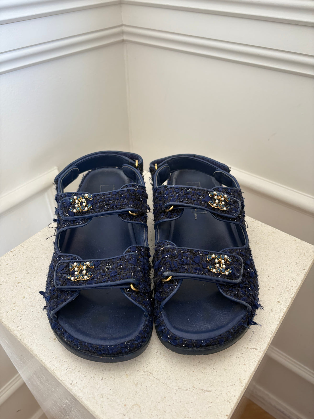chanel Dark Blue Black Tweed Dad Sandals With Peal Details, 39.5