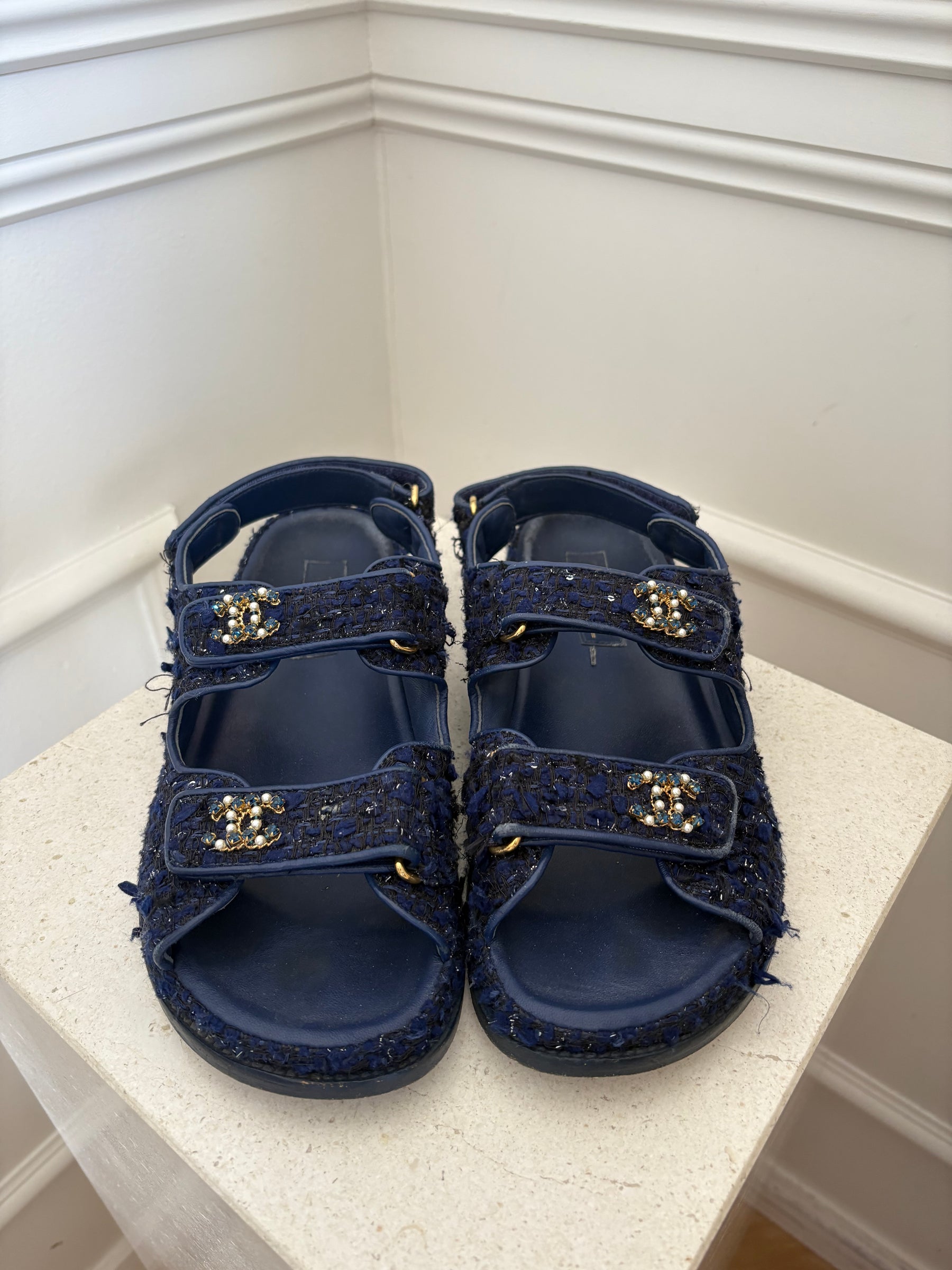 chanel Dark Blue Black Tweed Dad Sandals With Peal Details, 39.5