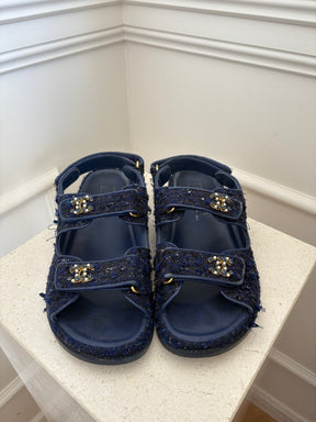 chanel Dark Blue Black Tweed Dad Sandals With Peal Details, 39.5