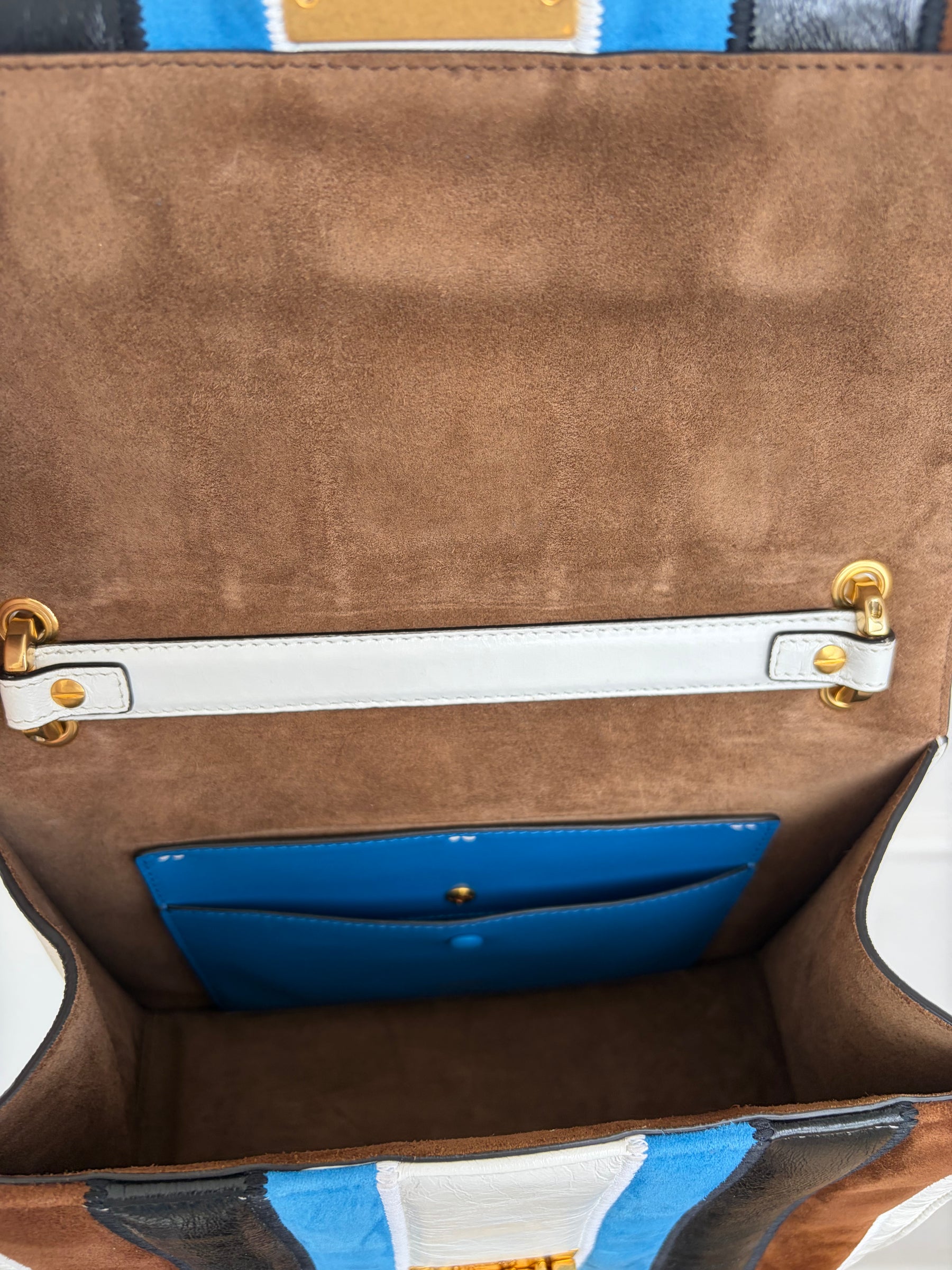 Fendi White Brown Black and Blue Suede and Leather Kan U Shoulder Bag