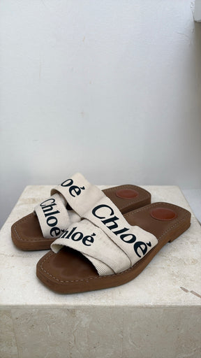 Chloe Woody Canvas Slides In White, 37