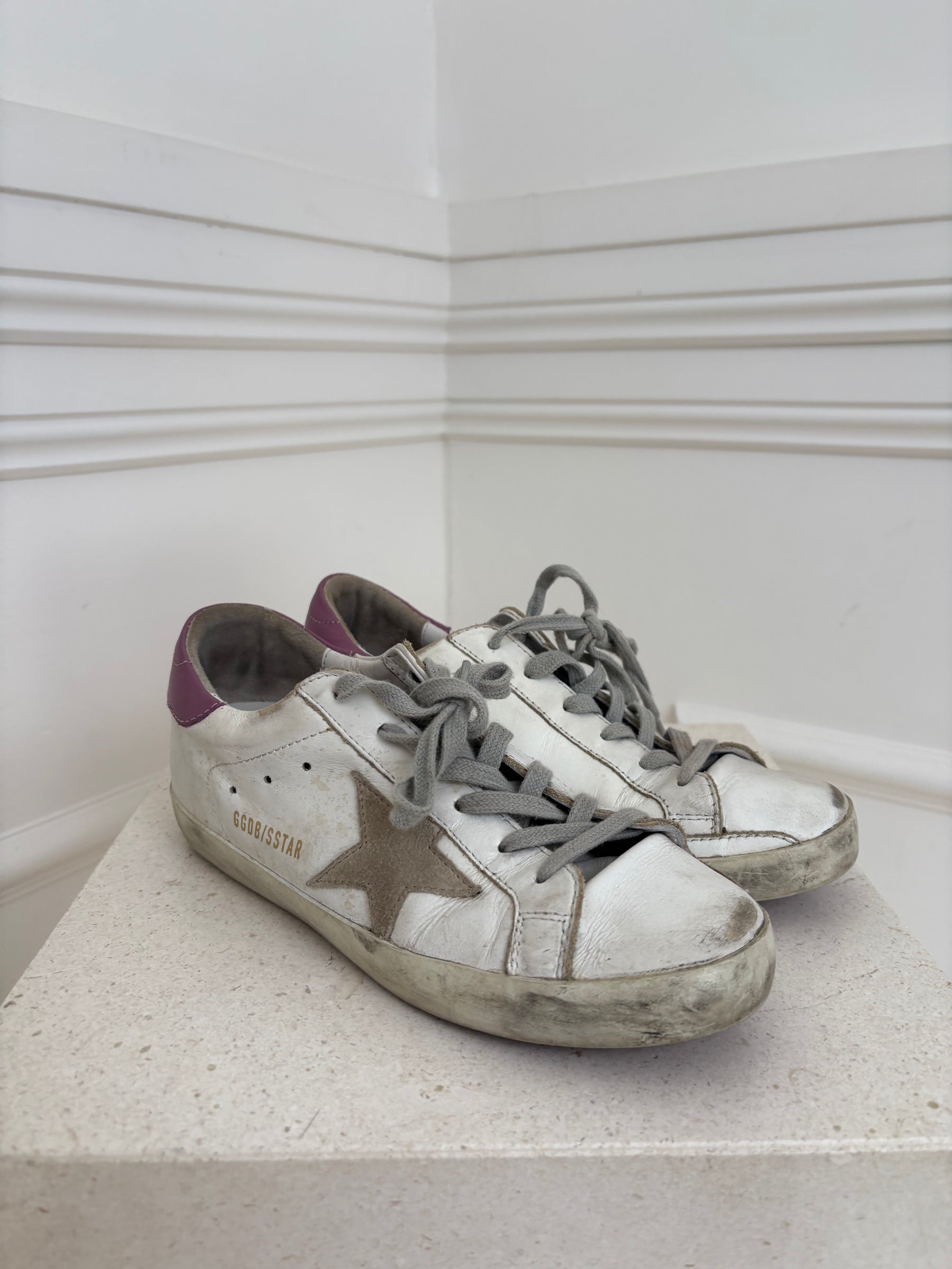 Golden Goose White and Purple Superstar Sneakers, 37