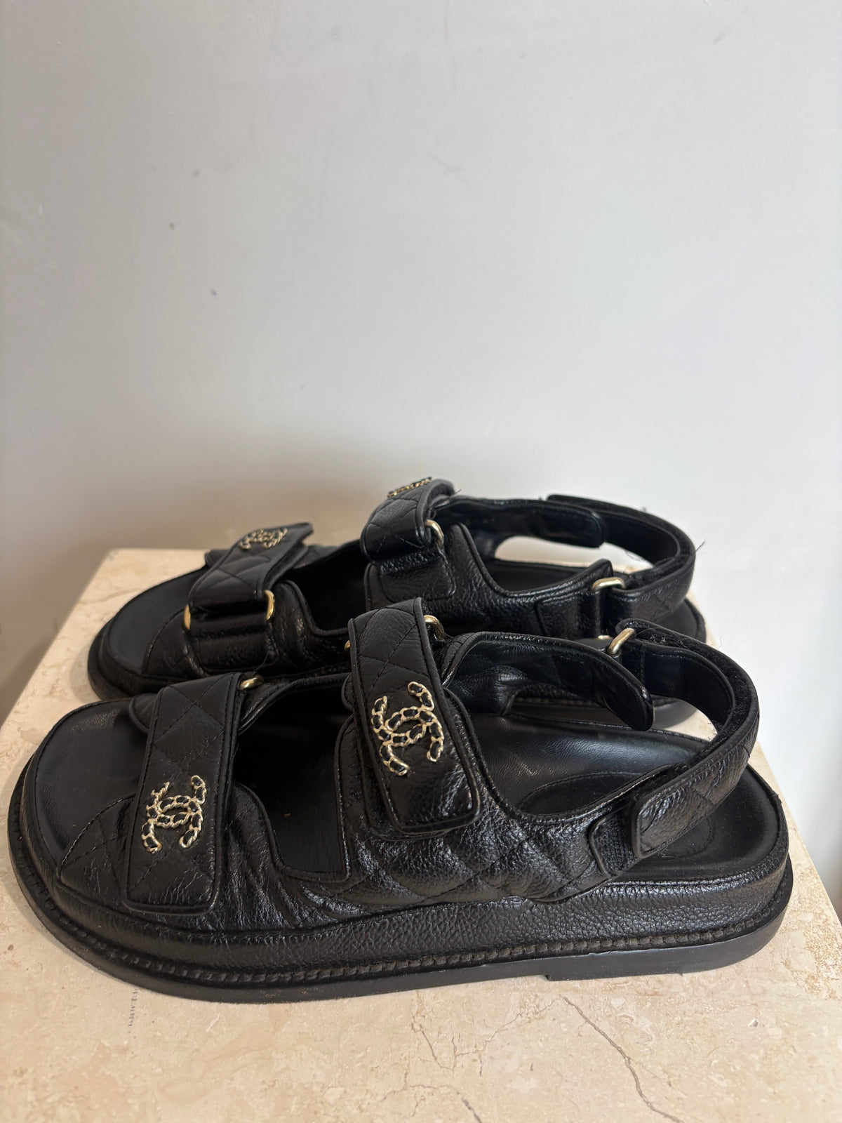 Chanel Black Caviar Leather Dad Sandals, 35.5