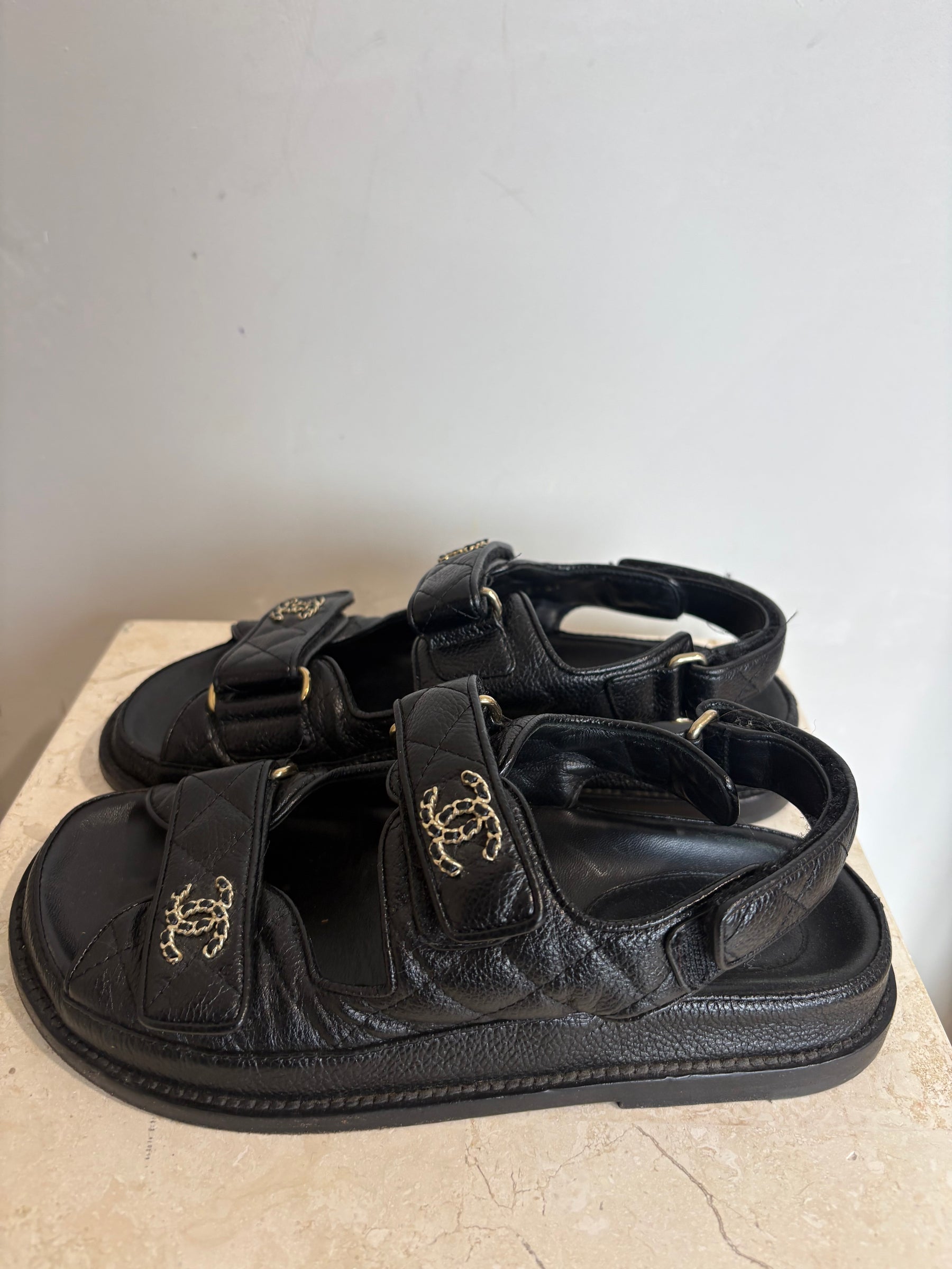 Chanel Black Caviar Leather Dad Sandals, 35.5
