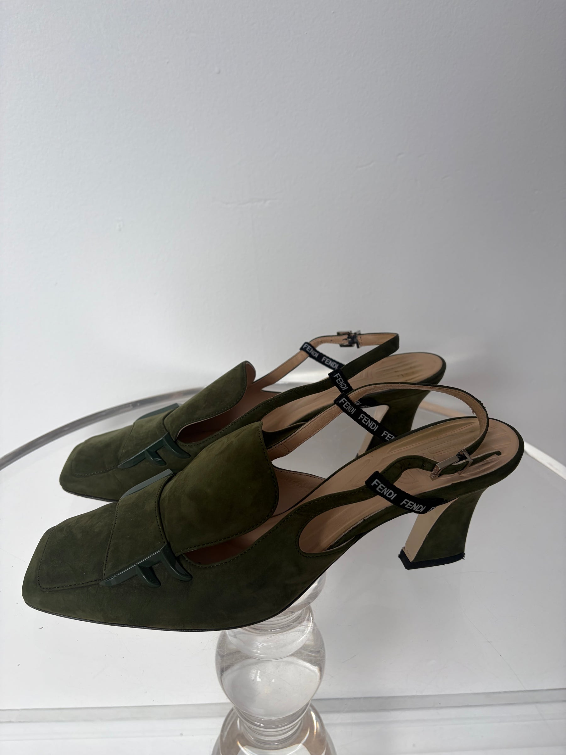 Fendi Green Suede Square Toe Slingbacks, 40