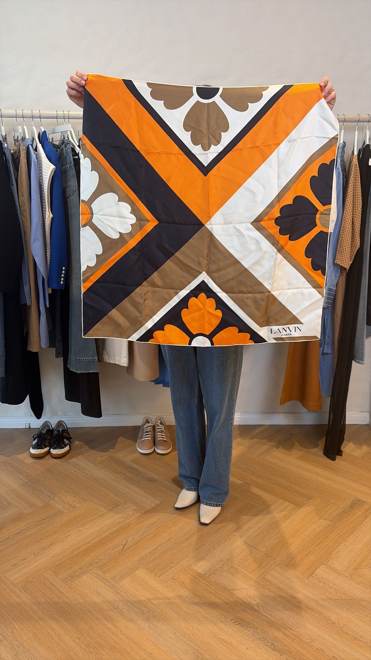 Lanvin Navy Orange and Brown Silk Scarf