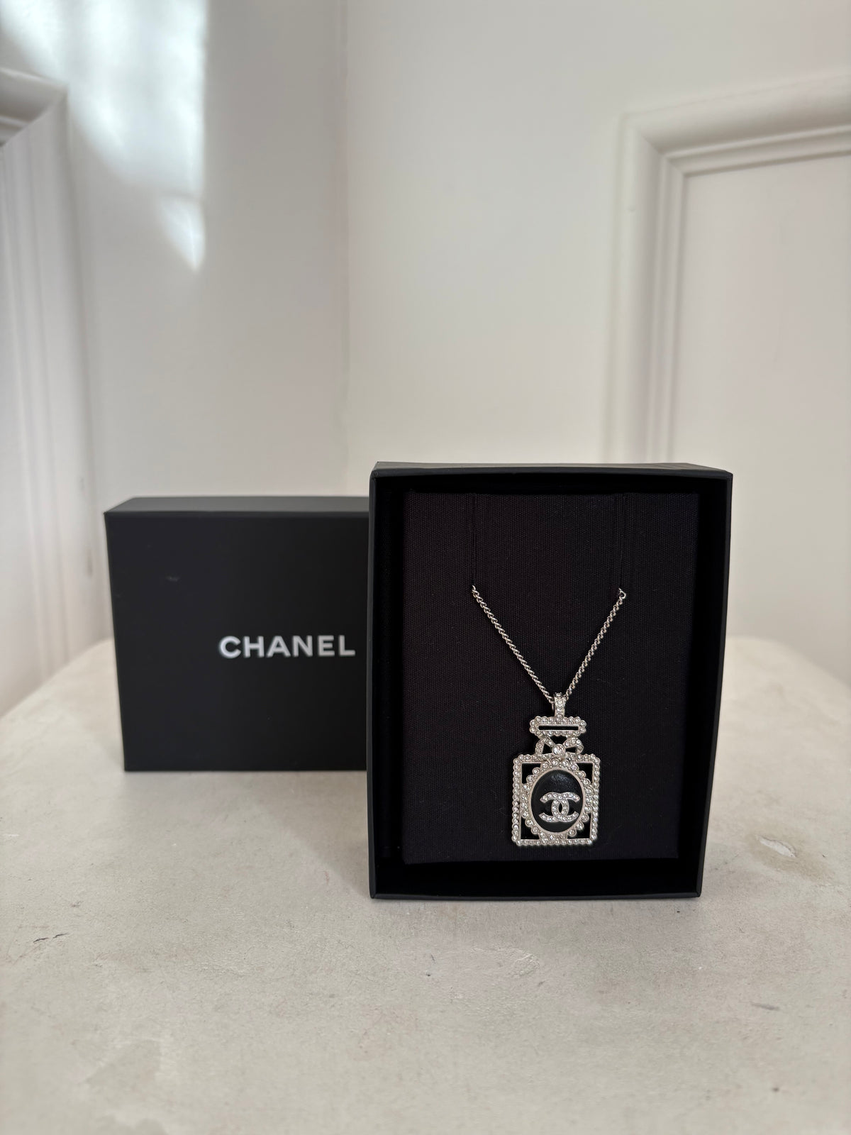 Chanel Silver Crystal Logo Perfume Bottle Necklace