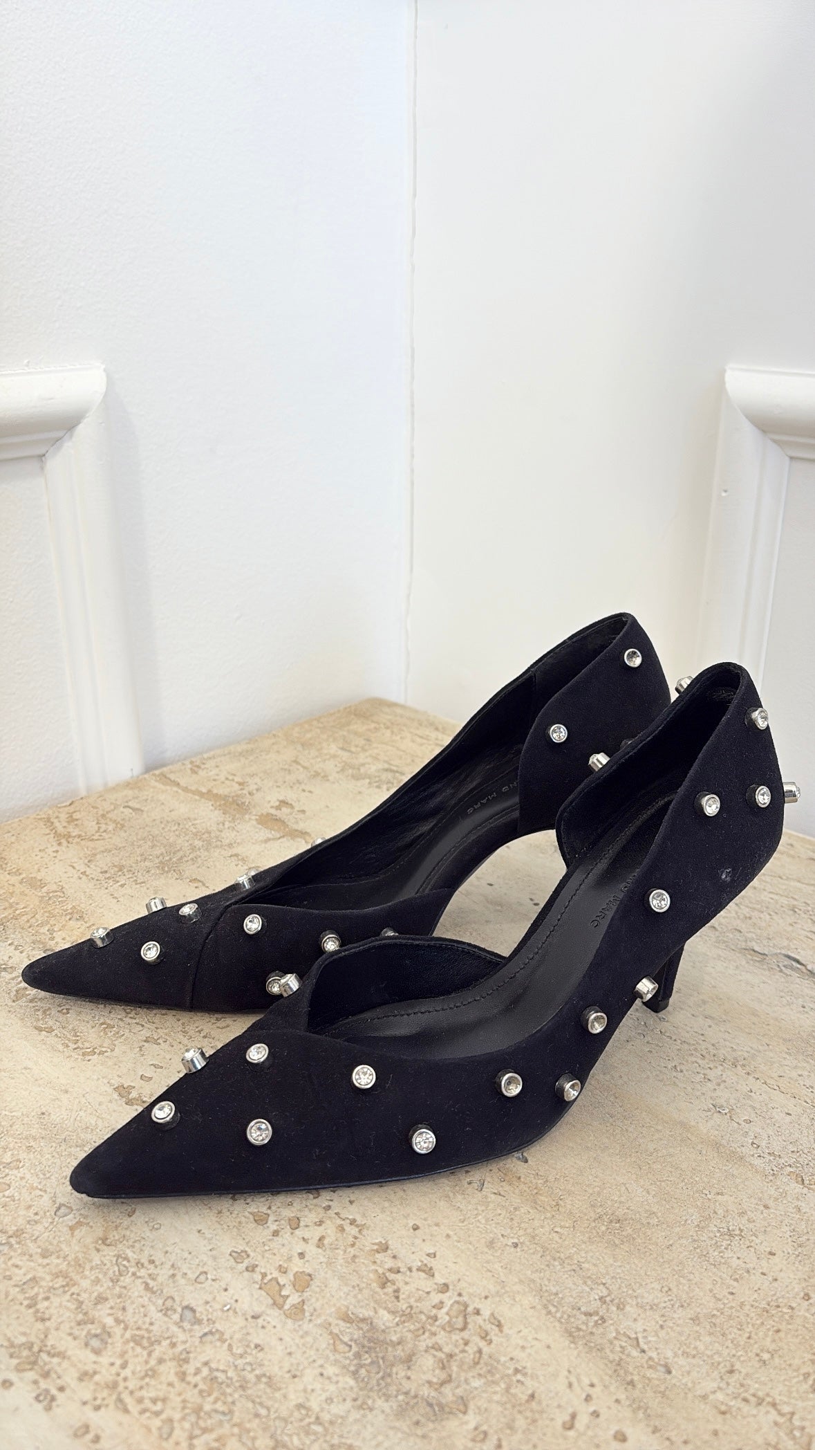 Camilla and Marc Black Suede Crystal Pointed Pumps, 38