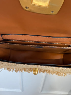 Oroton Raffia and Tan Leather Flap Bag