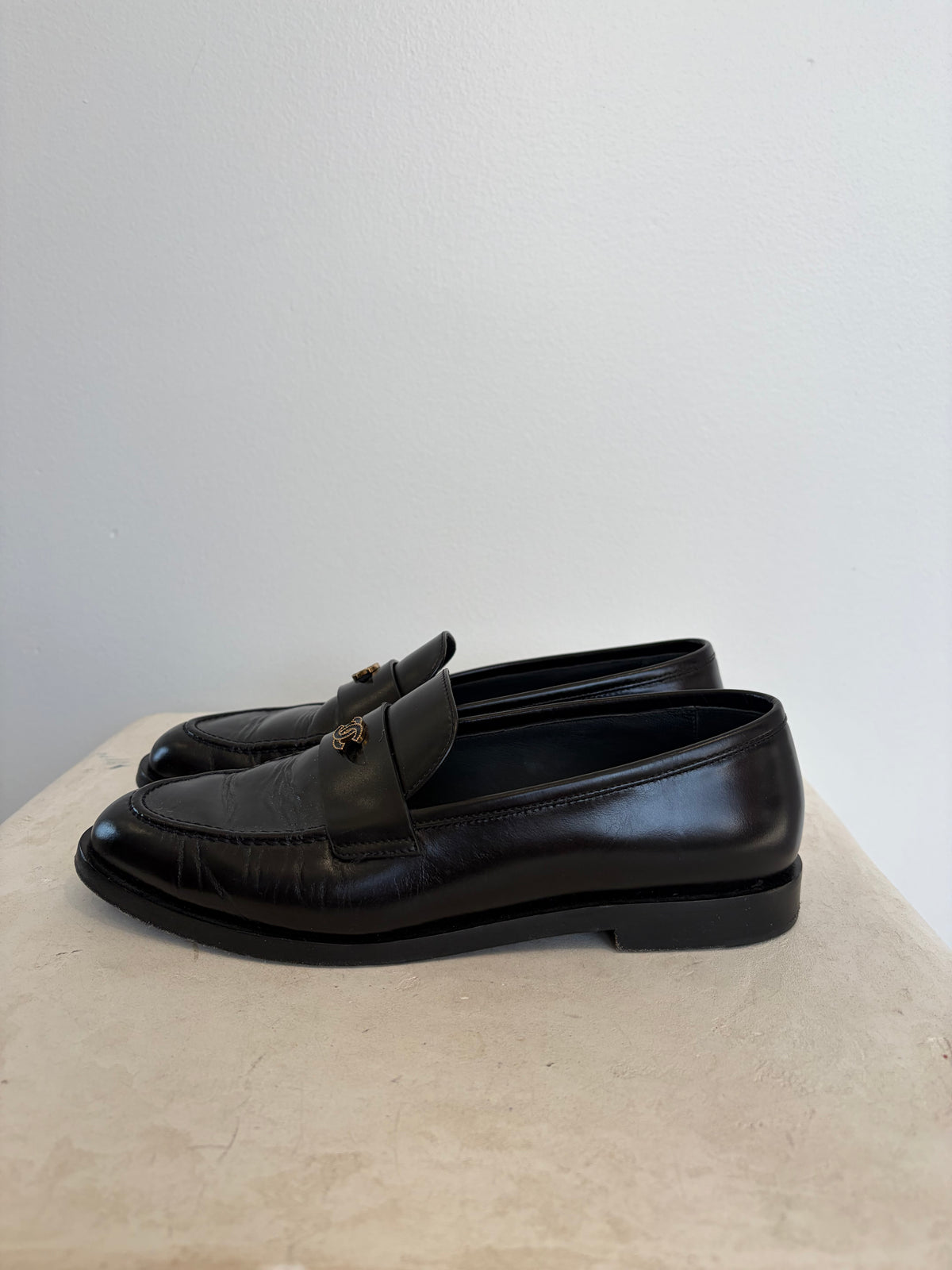 Chanel CC Black Leather Loafers, 38