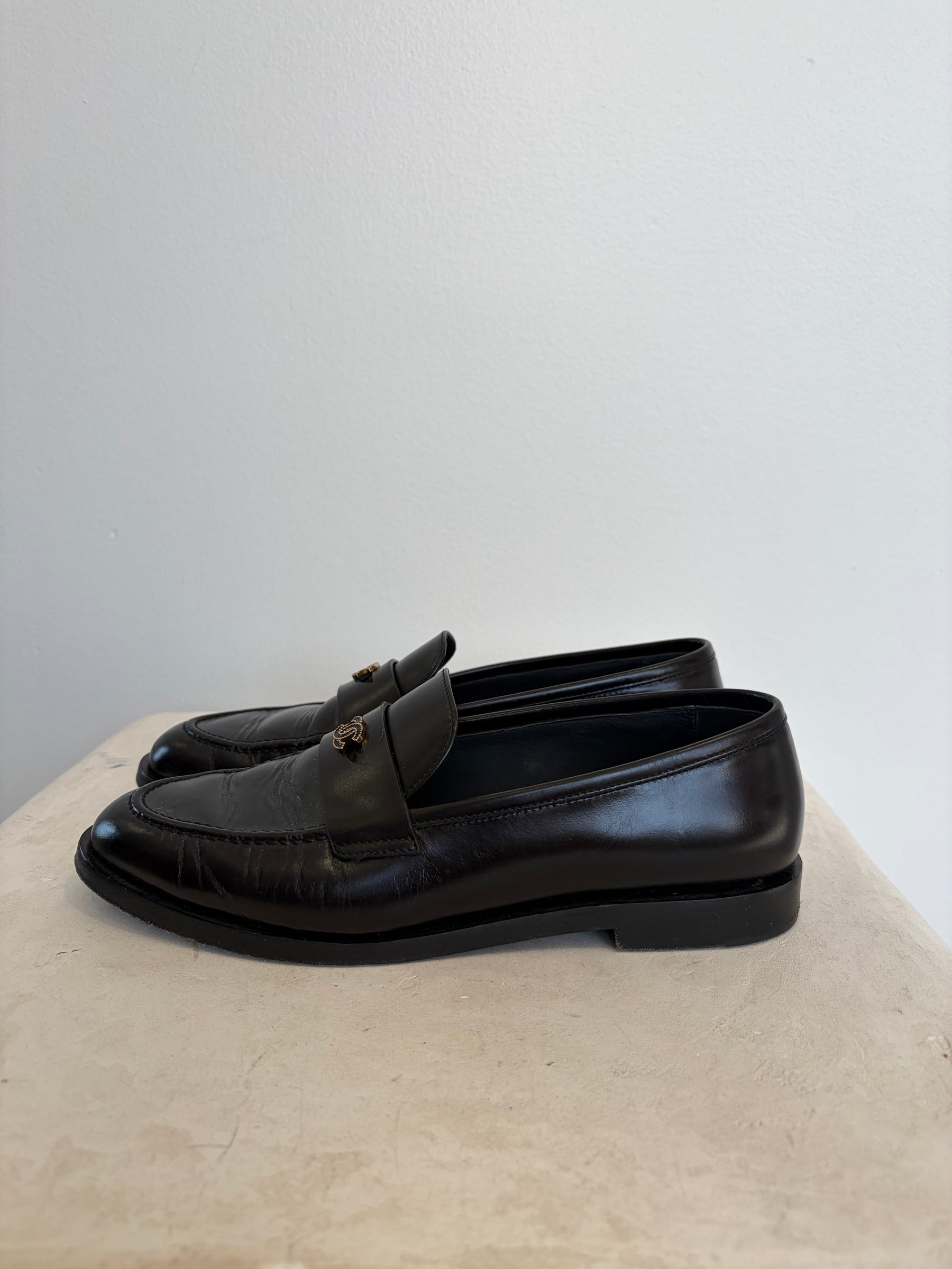 Chanel CC Black Leather Loafers, 38