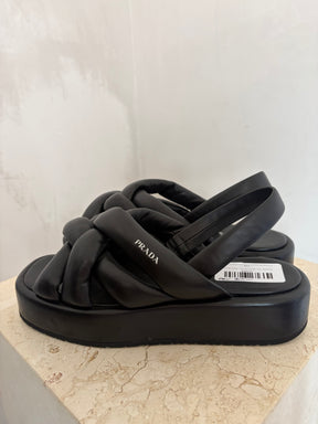 Prada Black Puffy Leather Logo Platform Sandals, 38.5