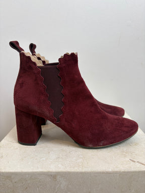 Chloé Red Suede Scollped Ankle Boot, 38.5