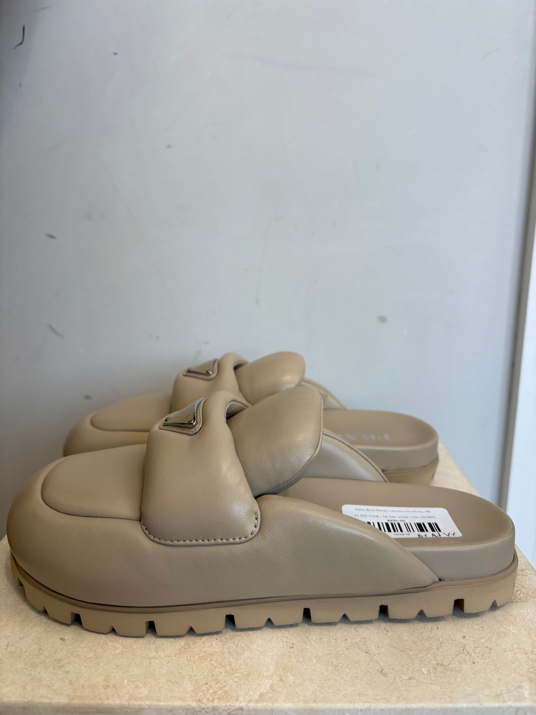 Prada Beige Padded Leather Logo Mules, 38