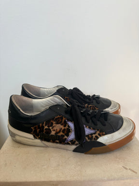 Golden Goose Black Leather and Leopard Superstar Sneakers, 41