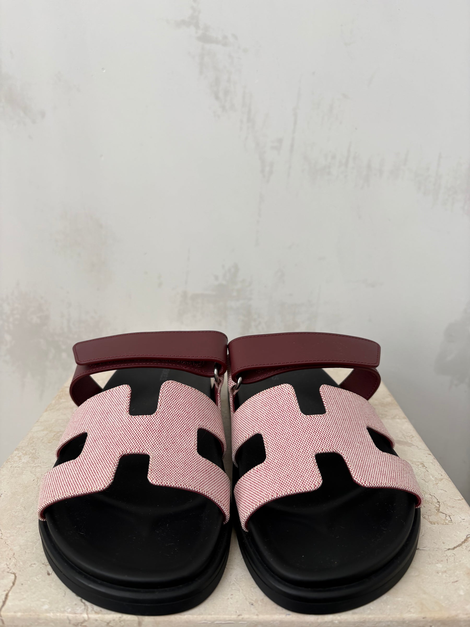 Hermès Rouge Chypre Leather And Canvas Sandals, 39