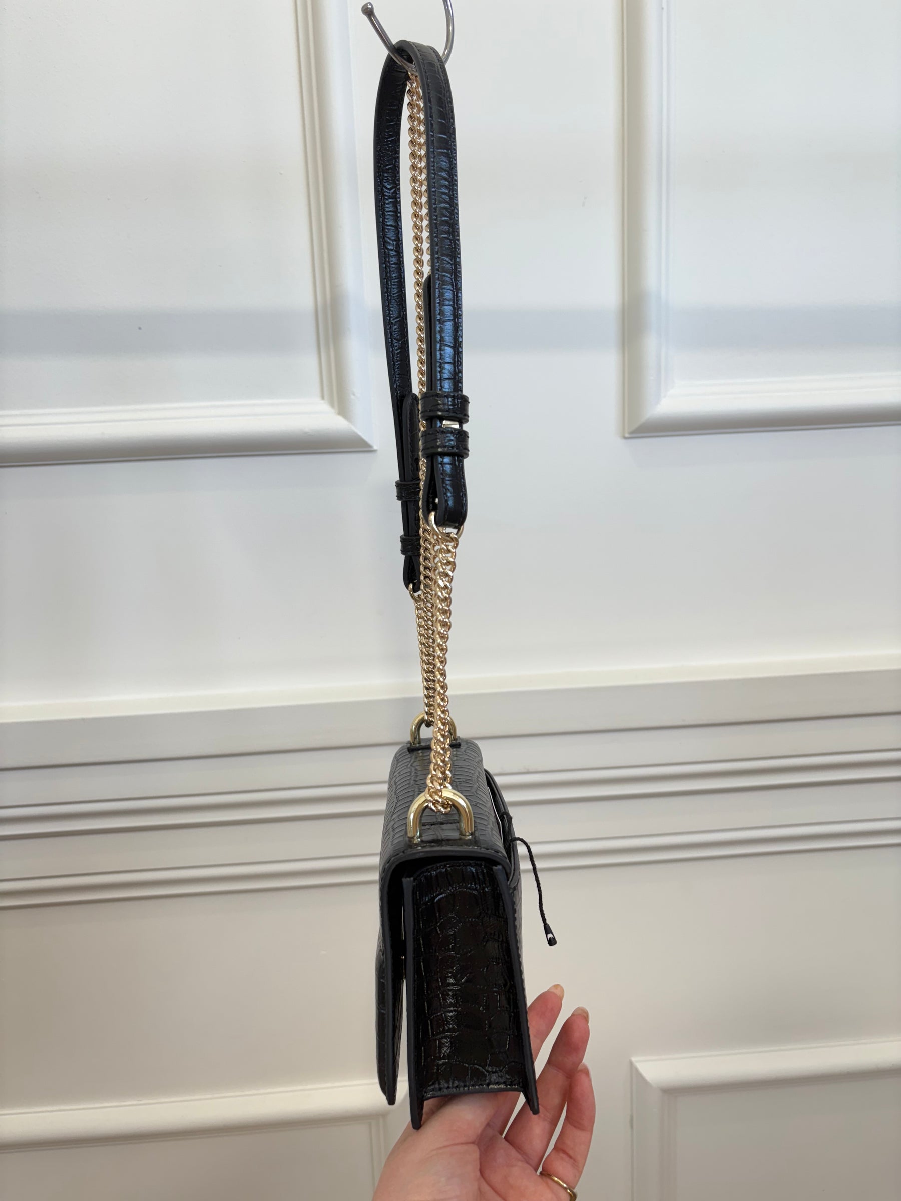 Oroton Black Croc Embossed Small Shoulder Bag