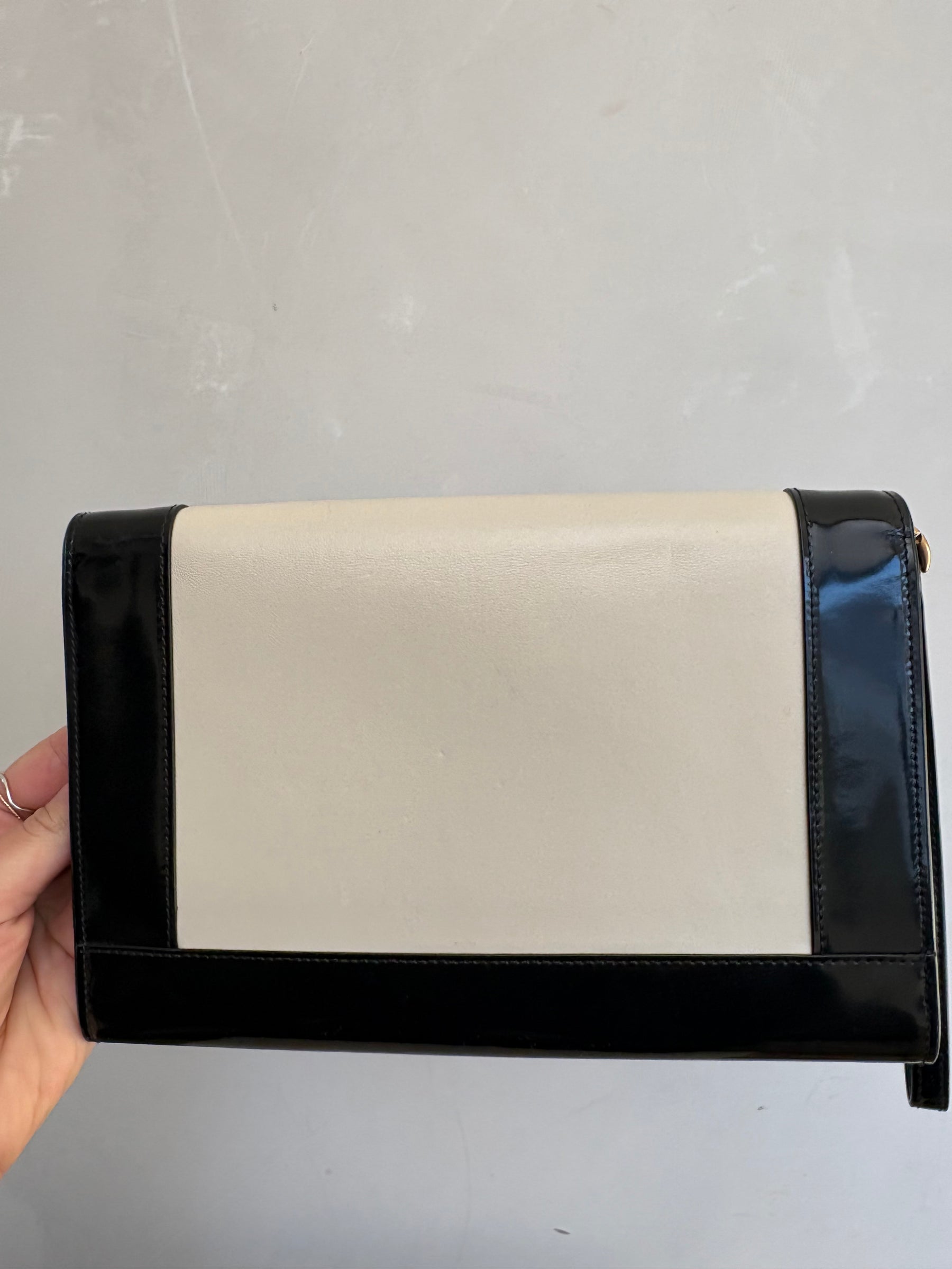 Saint Laurent Black Patent and White Leather Logo Wristlet Clutch