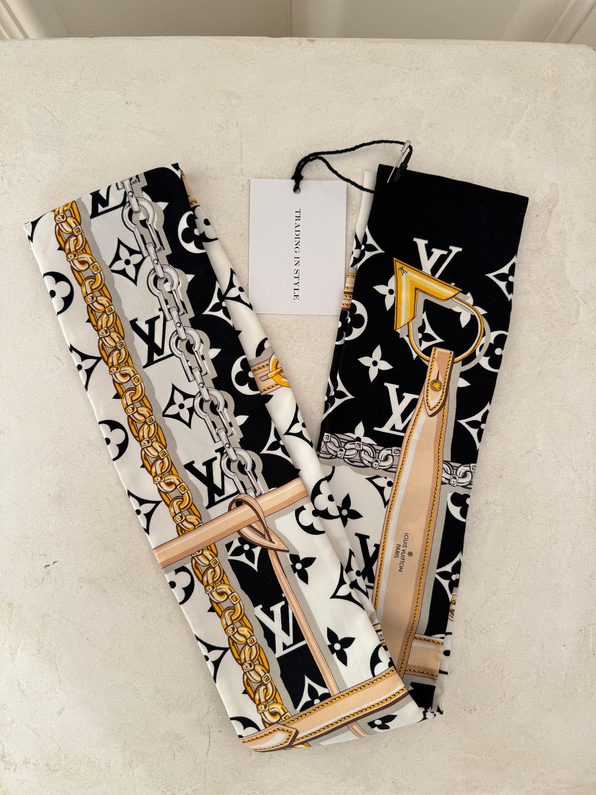 Louis Vuitton Black and White Mongoram Chain Print Bandeau Silk Scarf