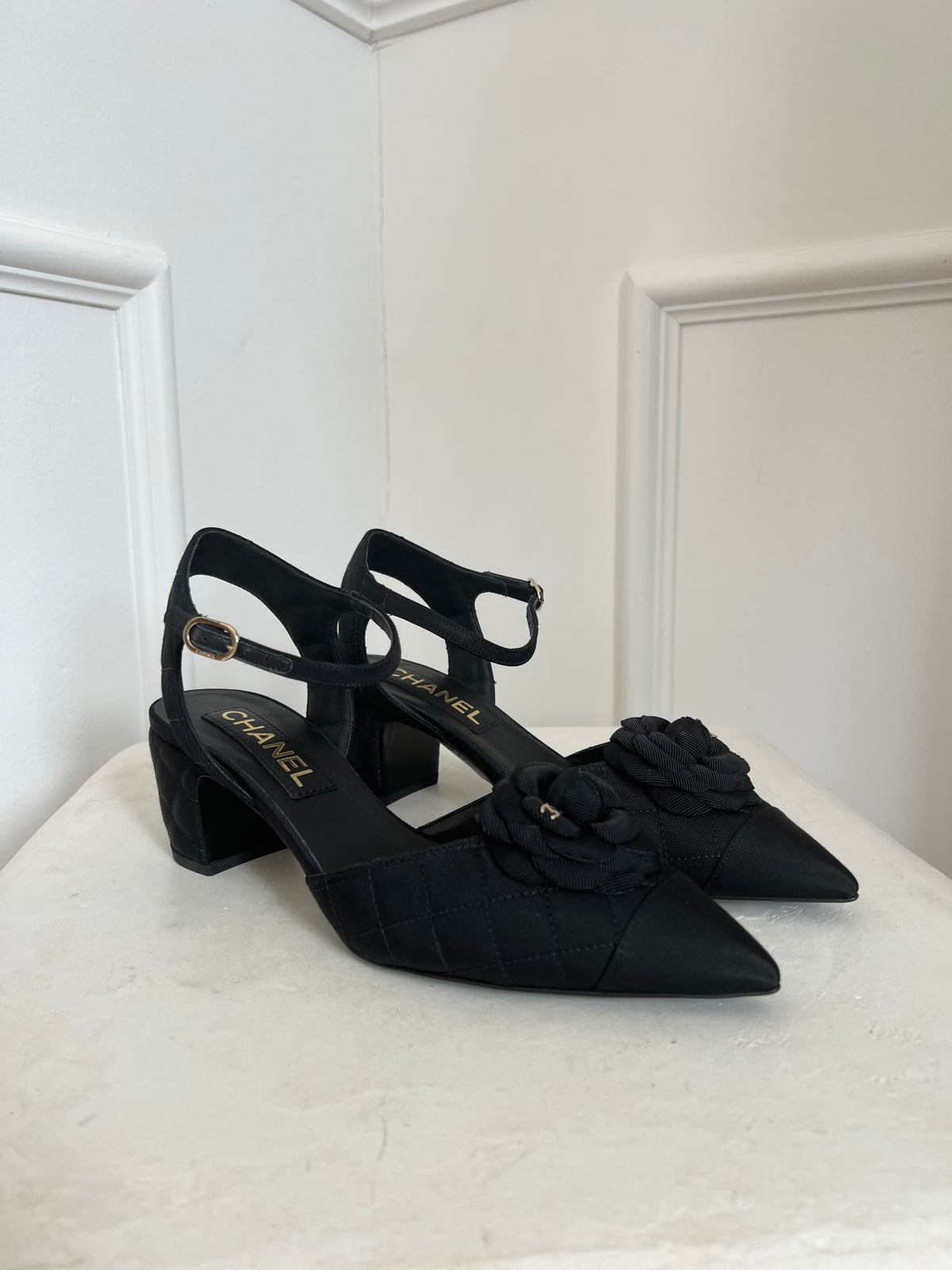 Chanel Rosette Quilted Ankle Strap Pumps, 39.5C