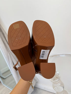 Chanel Tan Patent Leather Platform Peep Toe Pumps, 37C