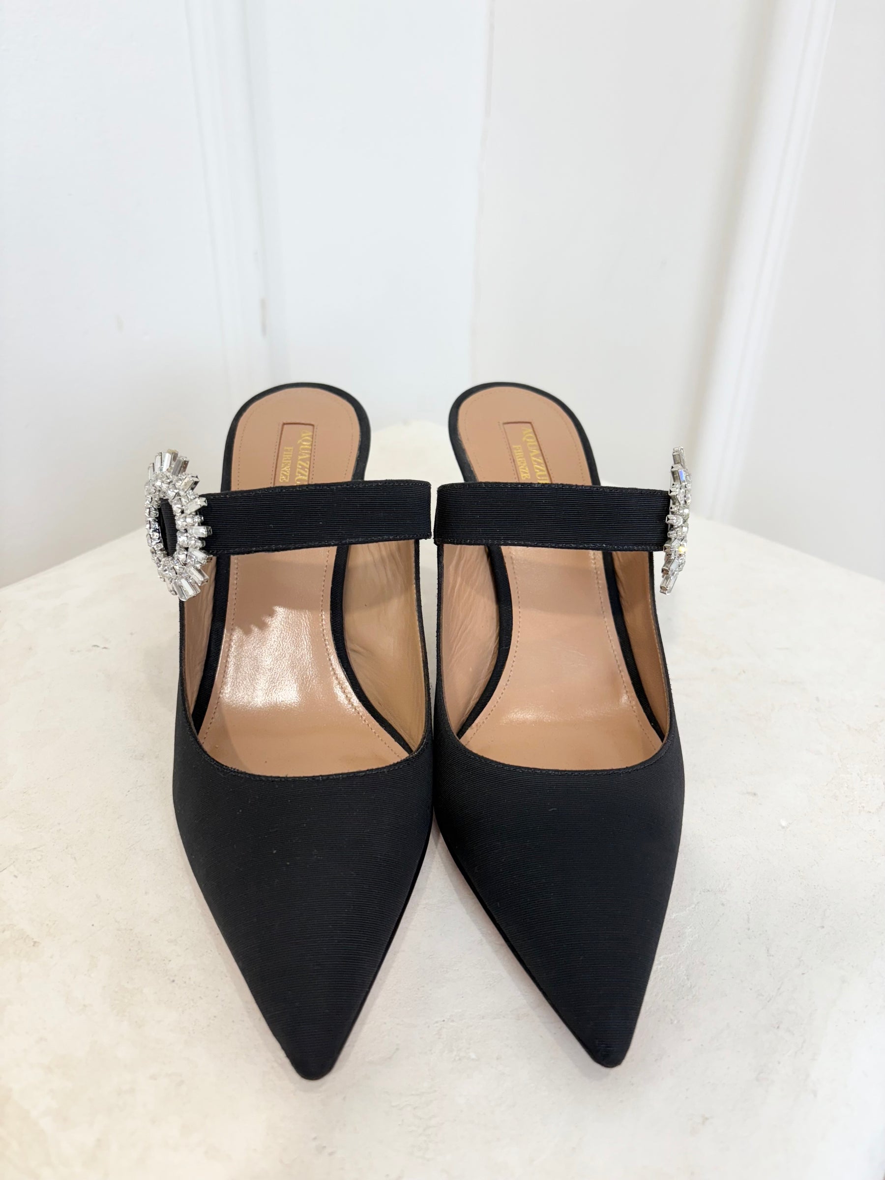 Aquazzura Crystal Blossom Mule 75 Black, 39