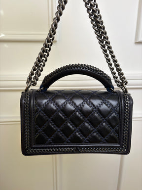 Chanel Navy Glossed Quilted Leather with Top Handle Old Medium Boy Bag