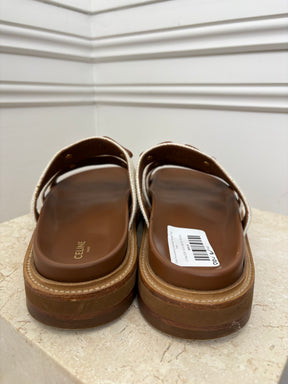 Celine Tan Leather and Cream Canvas Triomphe Tippi Slides