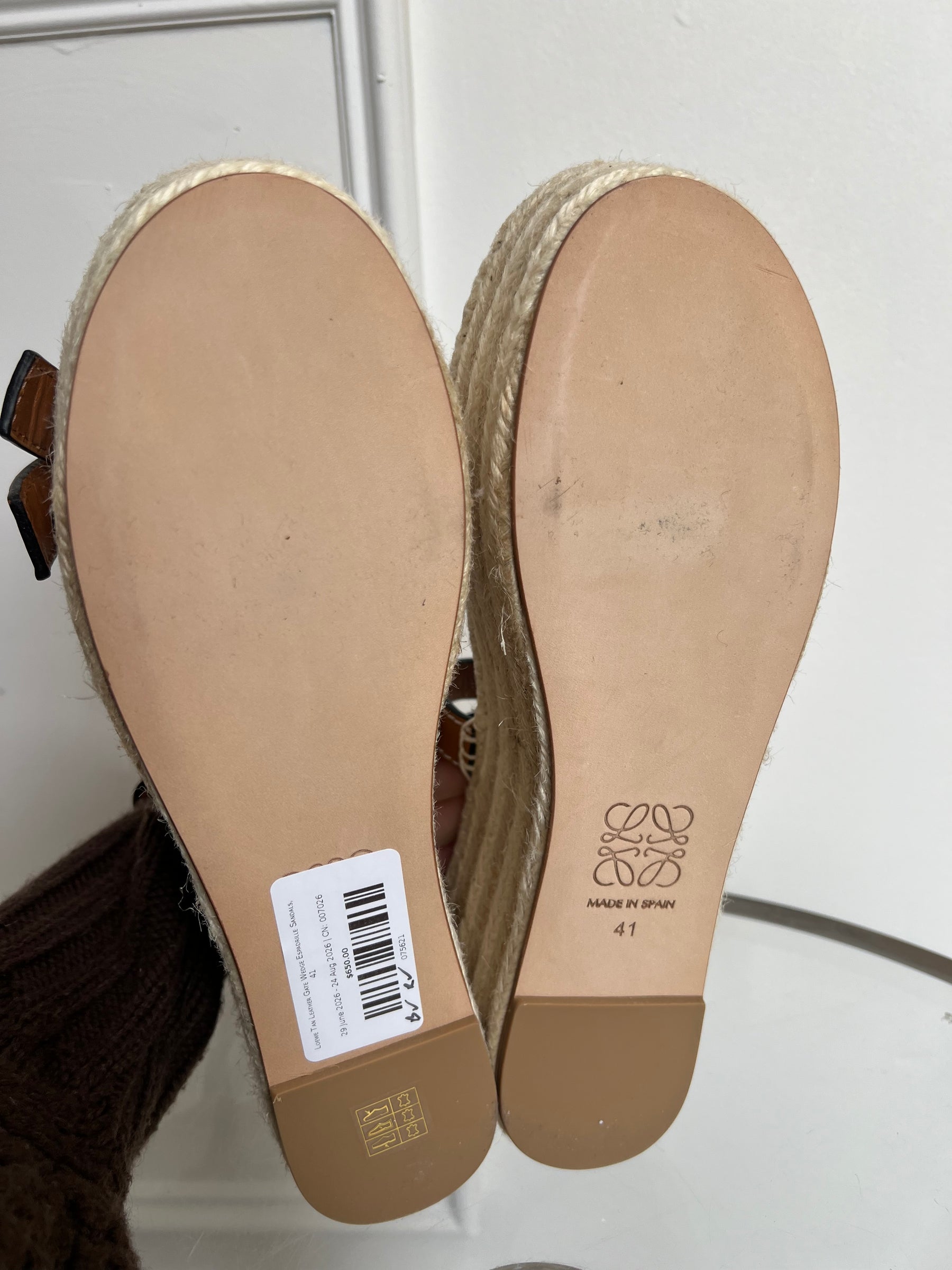 Loewe Tan Leather Gate Wedge Espadrille Sandals, 41