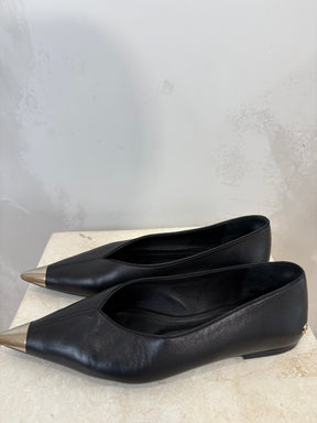 Anine Bing Black Leather Silver Pointed Flats, 37