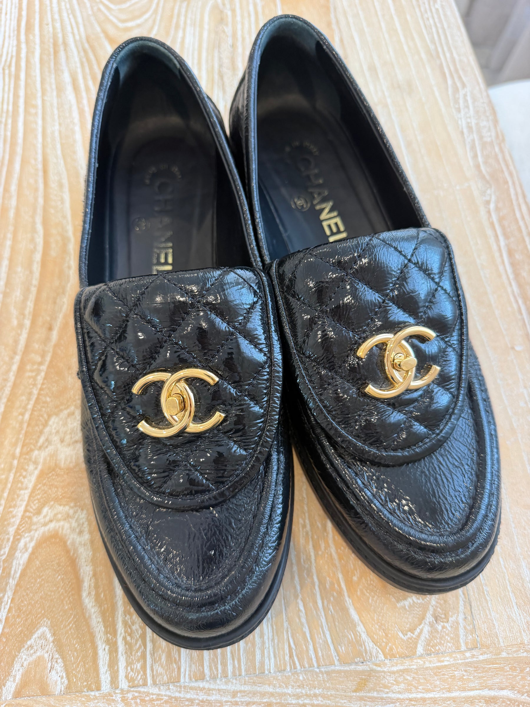 Chanel Black Patent Leather Turnlock Loafer, 39 C