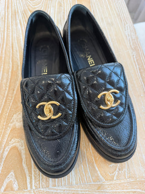 Chanel Black Patent Leather Turnlock Loafer, 39 C