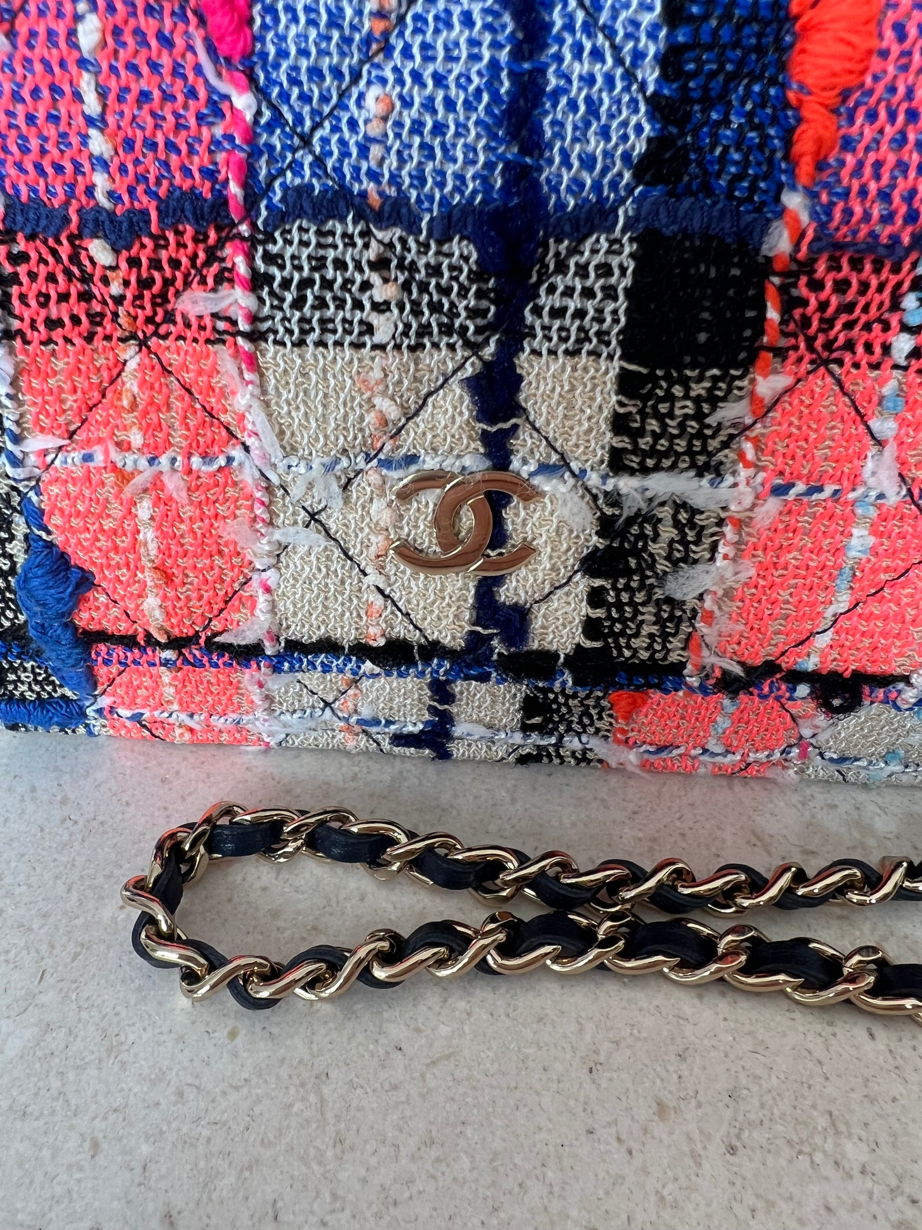 Chanel Blue, Cream and Pink Tweed Wallet on Chain
