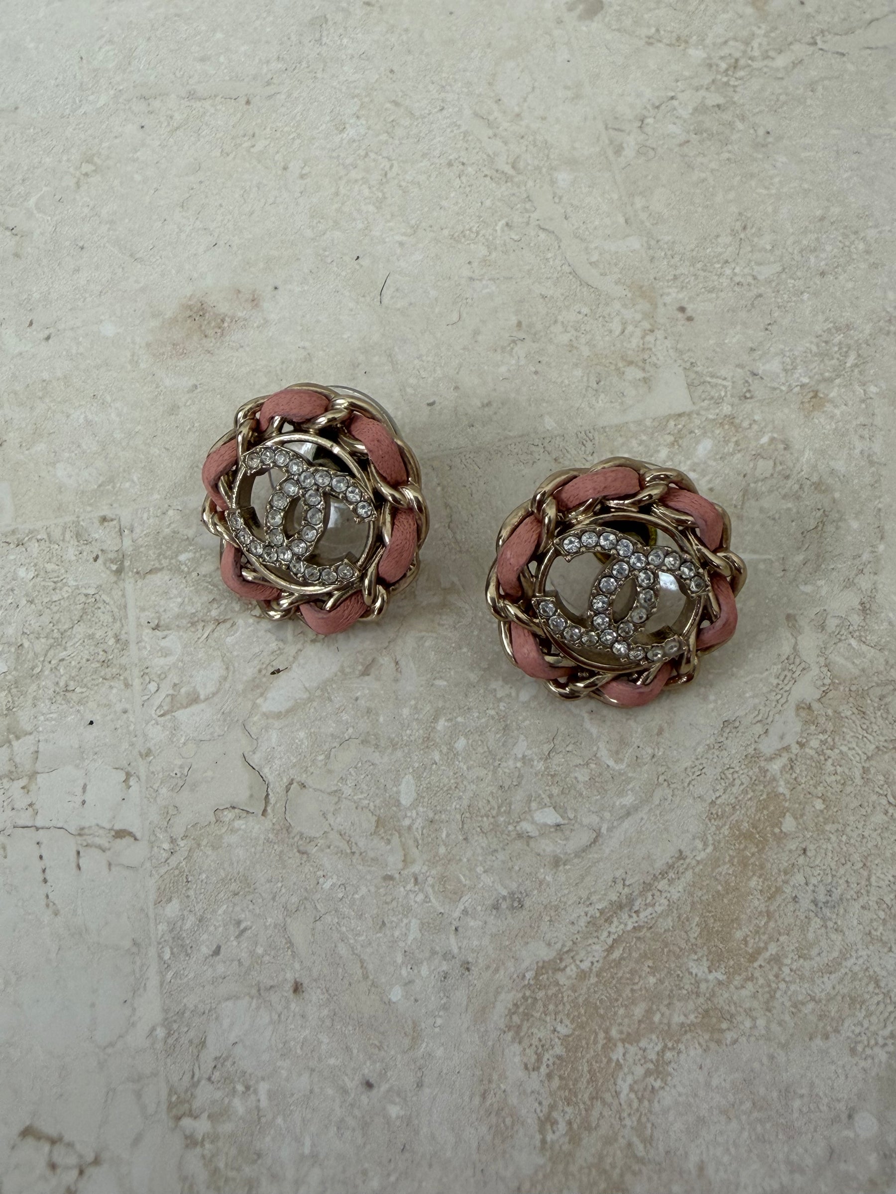 Chanel Gold Tone and Crystal Pink Woven Logo Stud Earrings
