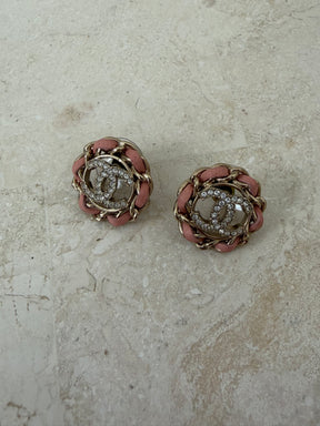 Chanel Gold Tone and Crystal Pink Woven Logo Stud Earrings