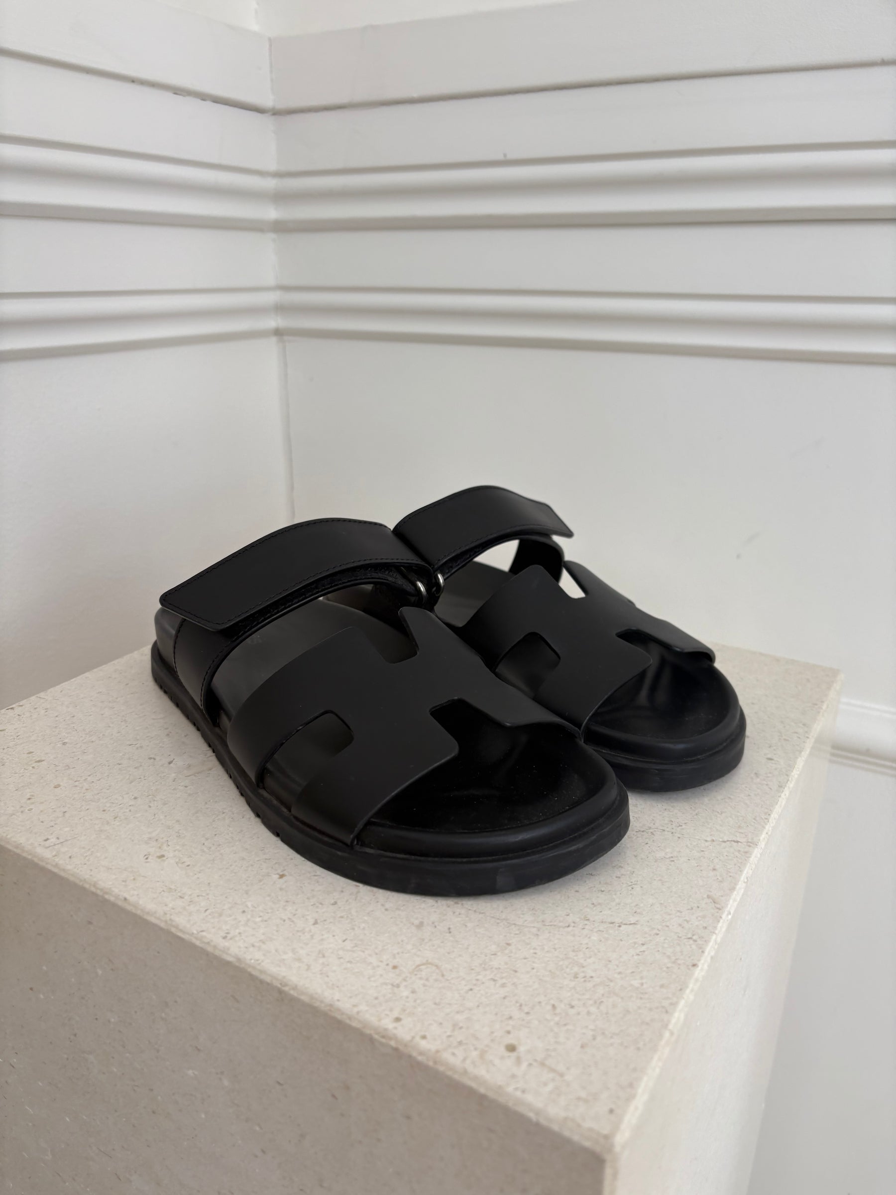 Hermès Black Leather Chypre Sandals, 36