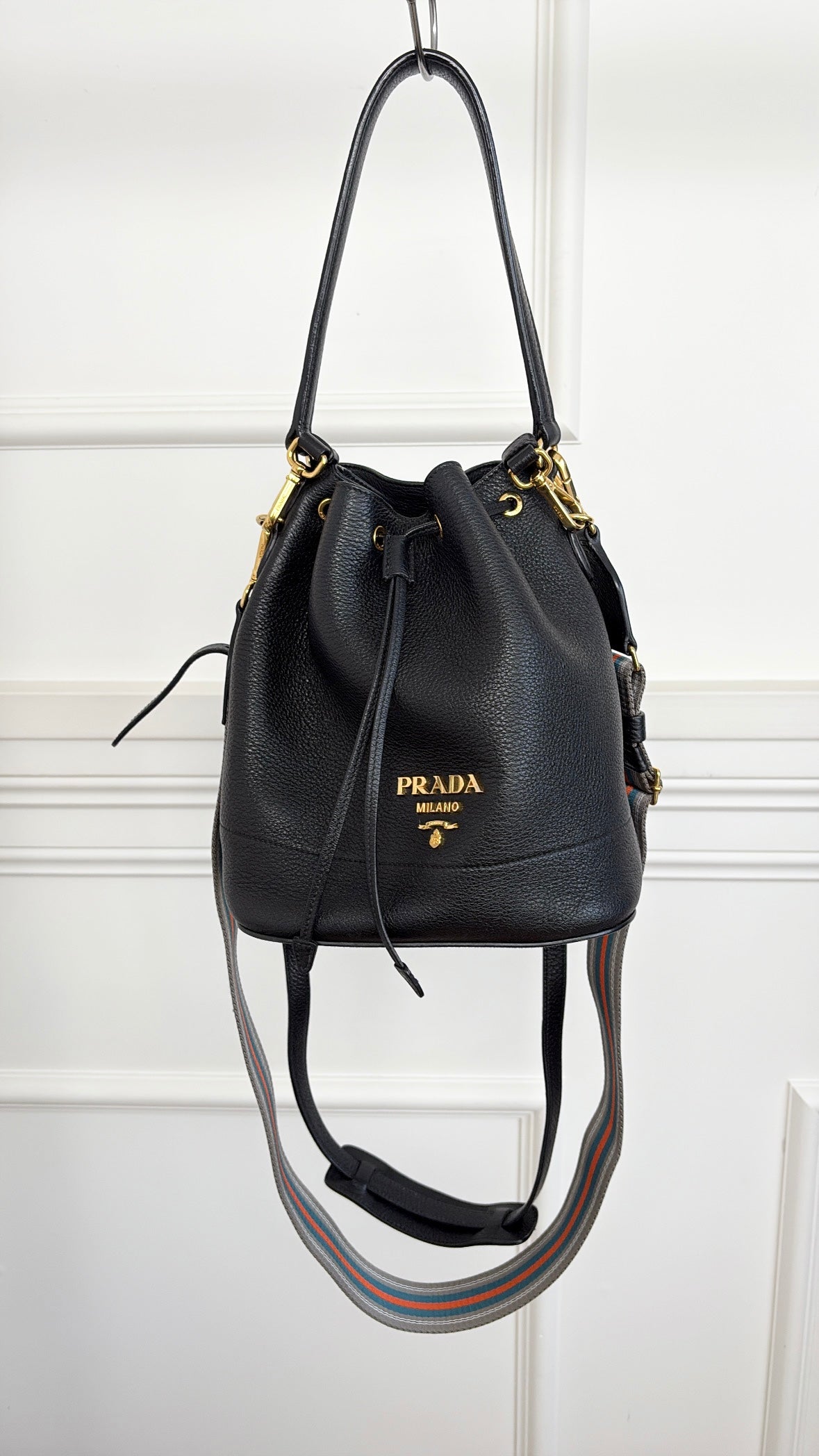Prada Black Grained Leather Logo Bucket Bag