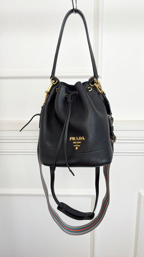 Prada Black Grained Leather Logo Bucket Bag