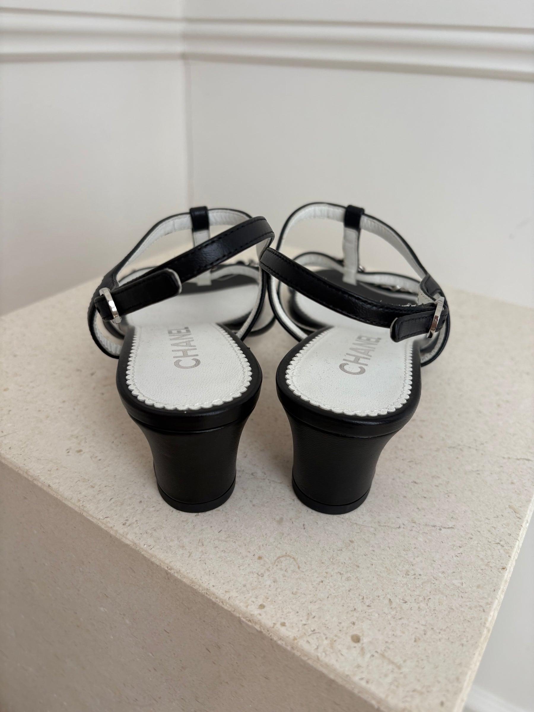 Chanel Black Leather with Silver Chain Detail Heeled Sandal, 36.5C