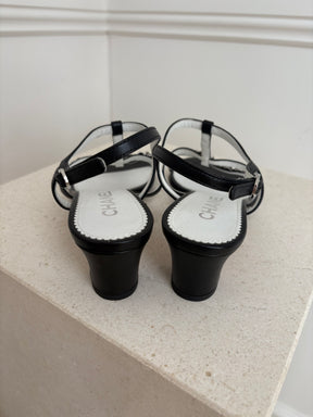 Chanel Black Leather with Silver Chain Detail Heeled Sandal, 36.5C