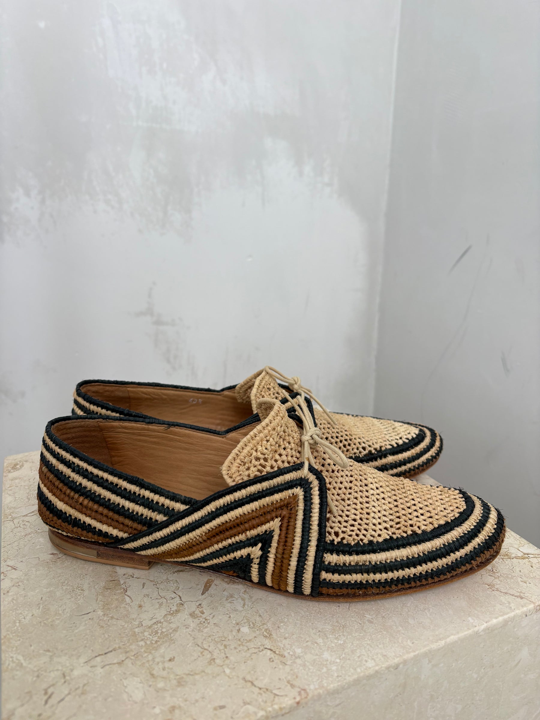 Gabriella Hearst Natural and Black Raffia Boat Shoes, 40.5