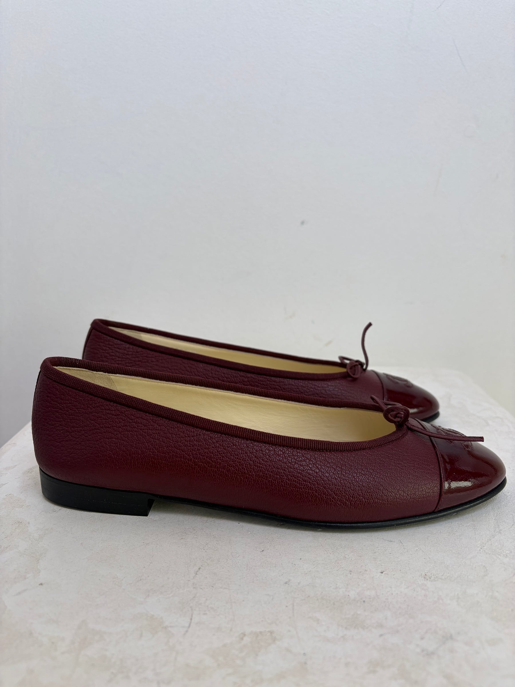 Chanel Burgundy Grained and Patent Leather Ballet Flats, 39.5 C