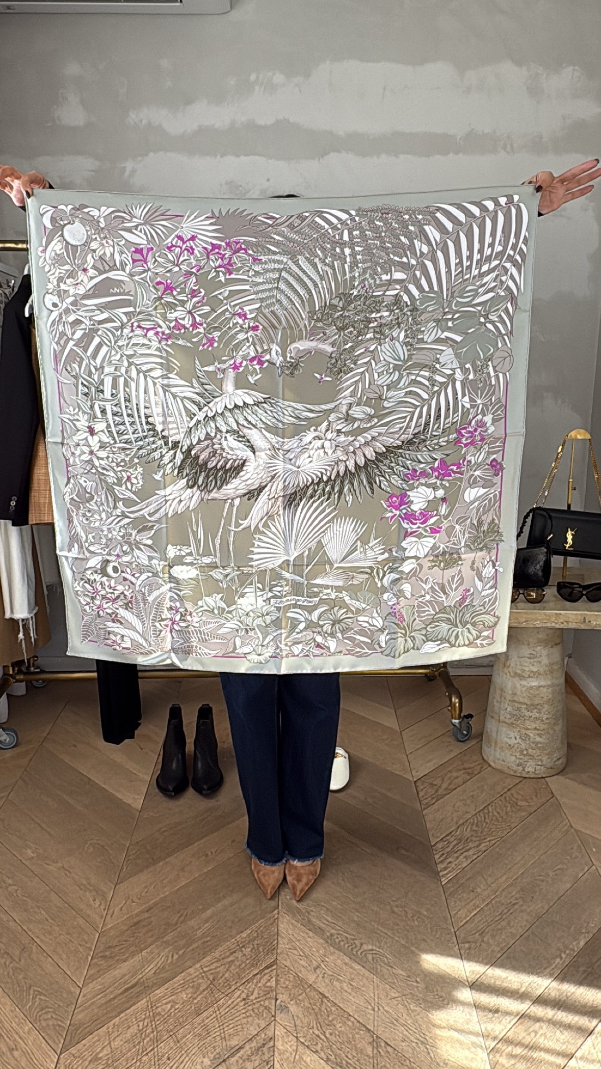Hermès Sage and Purple Bird Floral "Flamingo Party" Silk Scarf 90
