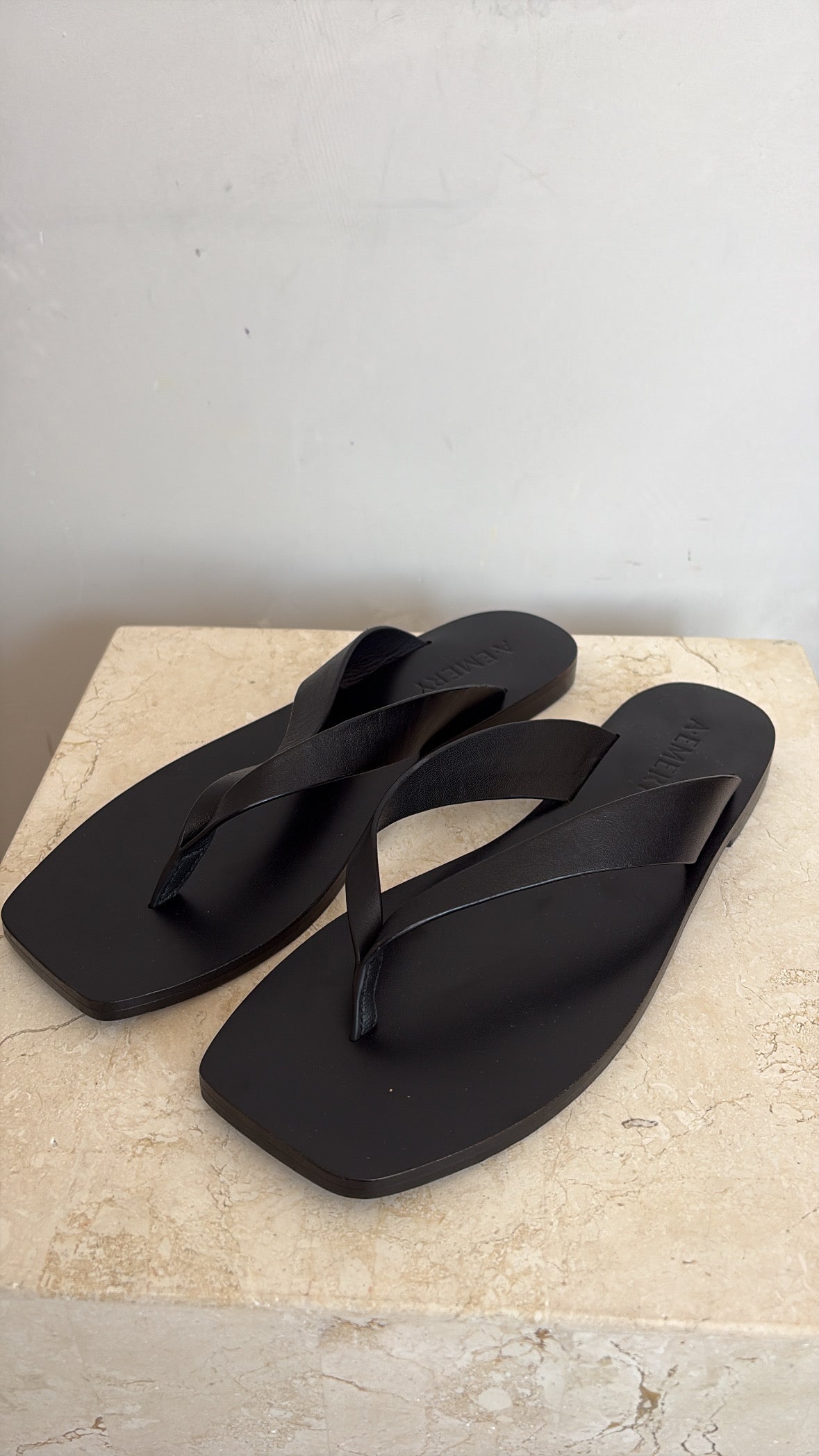 A.EMERY Black Leather Thongs, 38