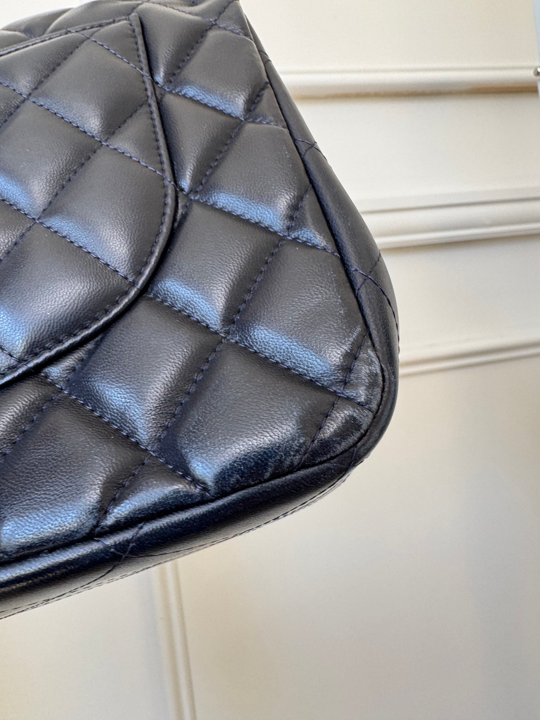 Chanel Navy Lambskin Leather Jumbo Double Flap with Silver Hardware