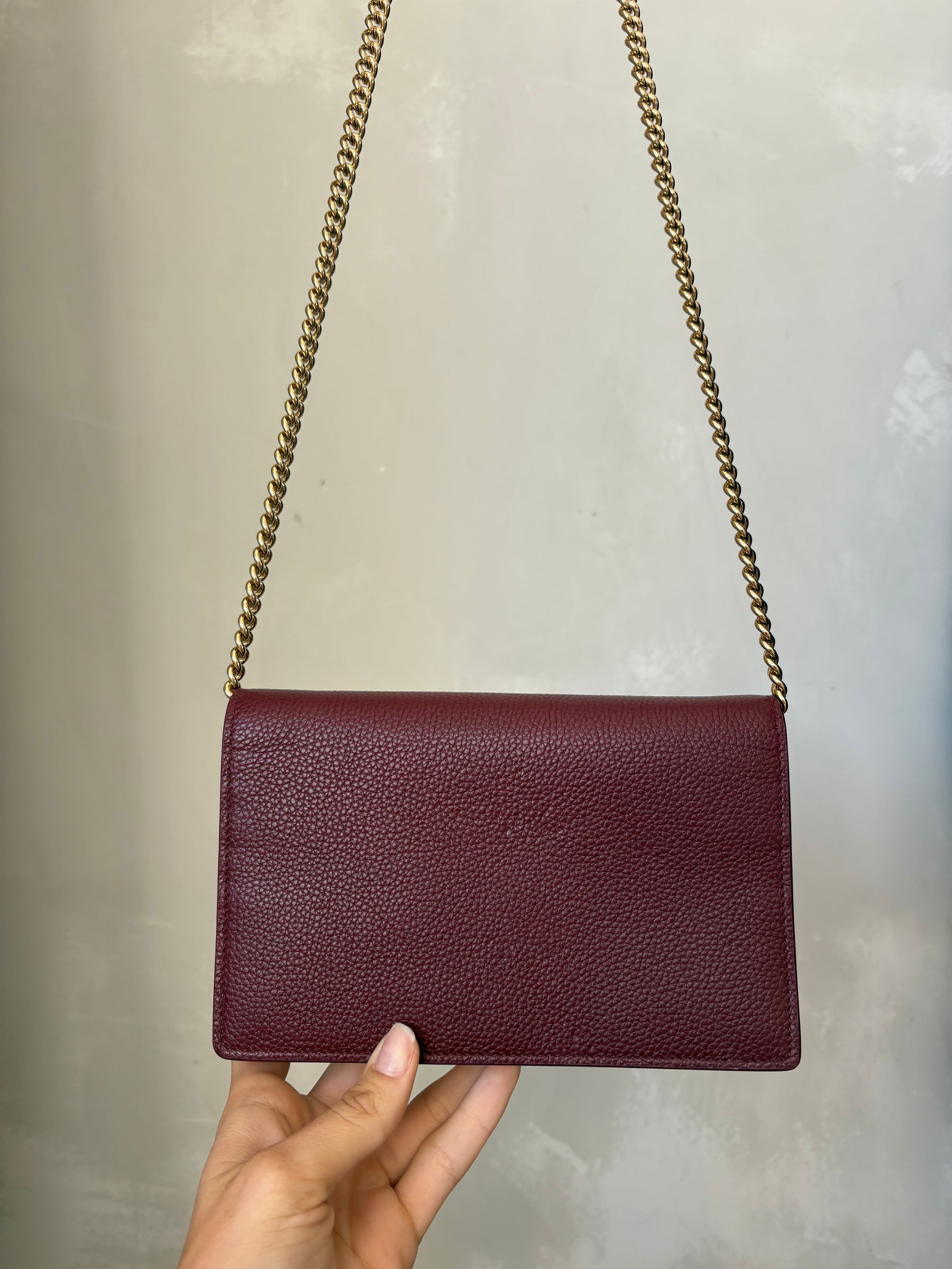 Gucci Burgundy Grained Leather Marmont Wallet on Chain